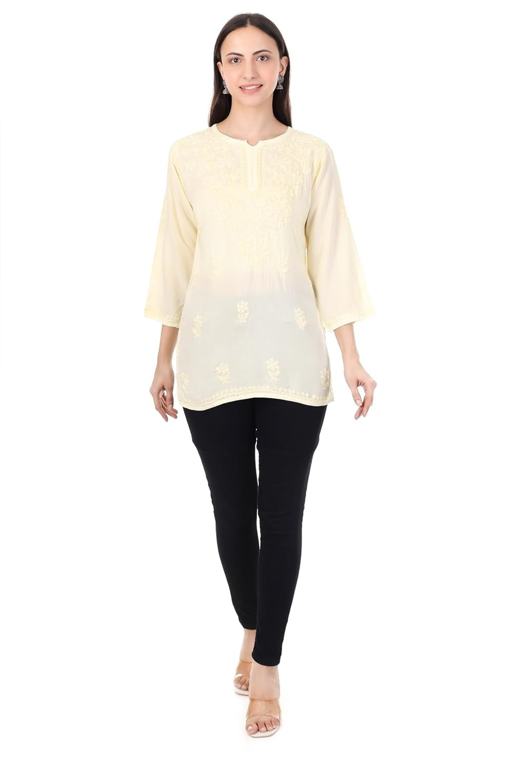 Zahra Lemon Yellow Dyed Short Rayon Chikankari Top - Comfortable & Non-Transparent Chikankari Short Kurti