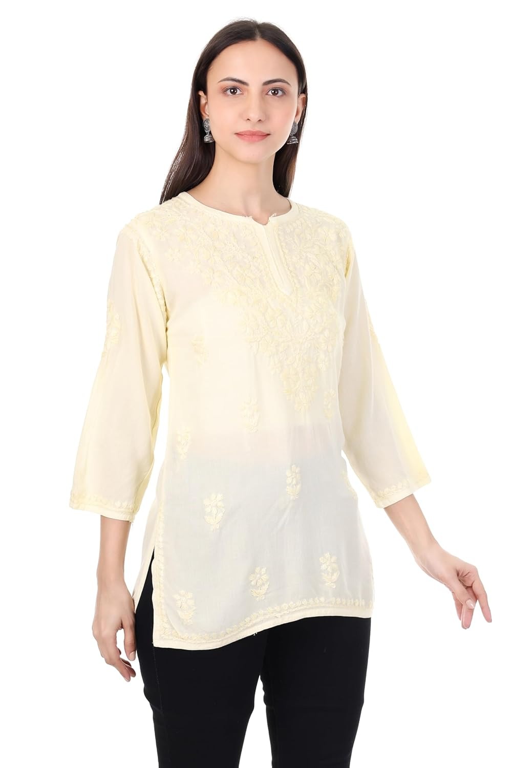 Zahra Lemon Yellow Dyed Short Rayon Chikankari Top - Comfortable & Non-Transparent Chikankari Short Kurti