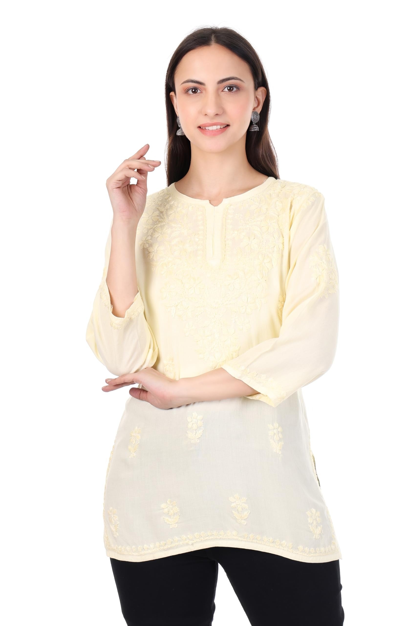 Zahra Lemon Yellow Dyed Short Rayon Chikankari Top - Comfortable & Non-Transparent Chikankari Short Kurti