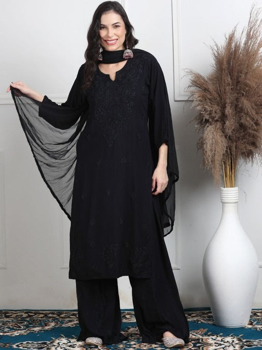 Black Lubna Shaded Rayon Kurti, Palazzo & Dupatta Set