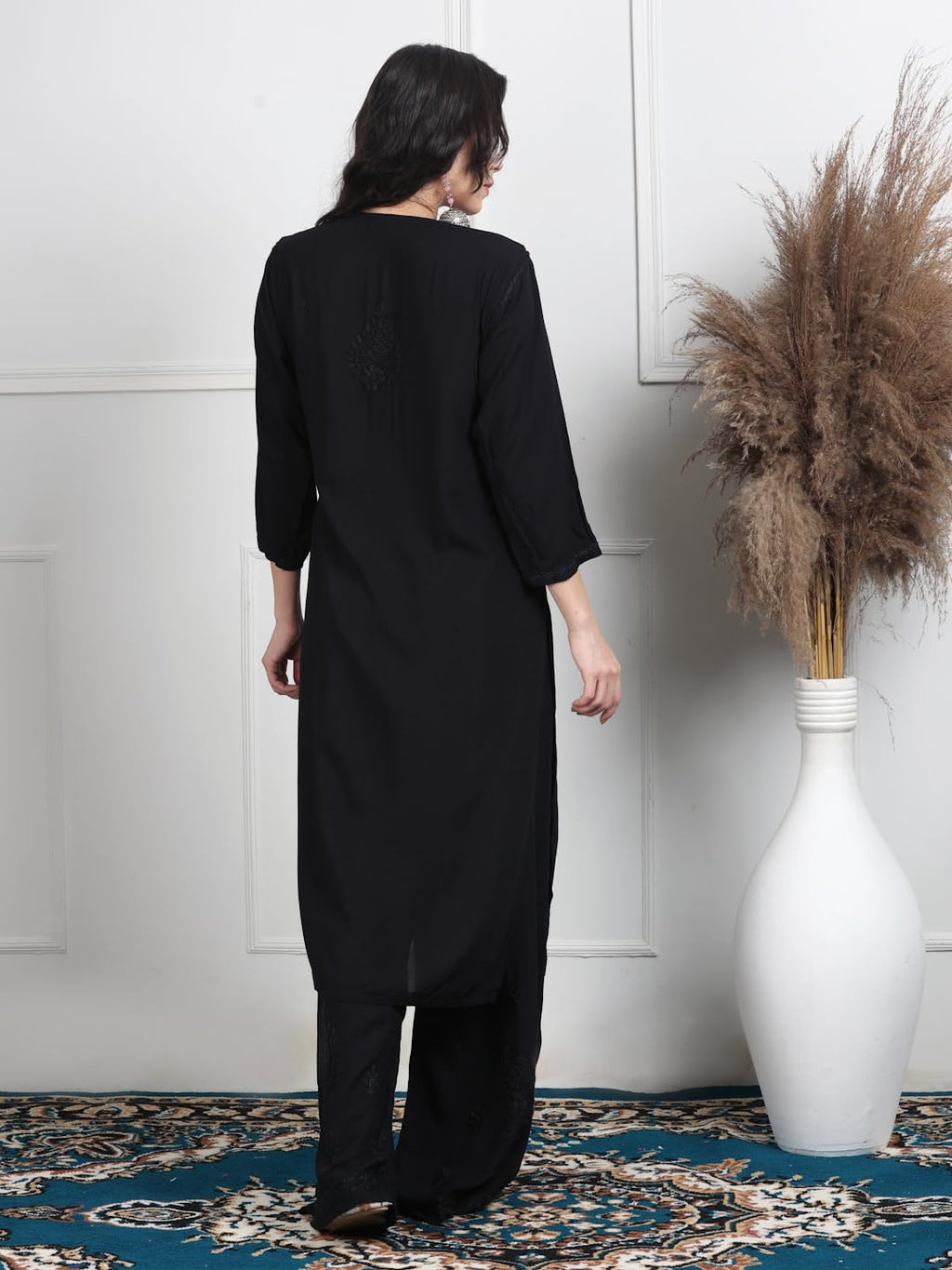 Black Lubna Shaded Rayon Kurti, Palazzo & Dupatta Set