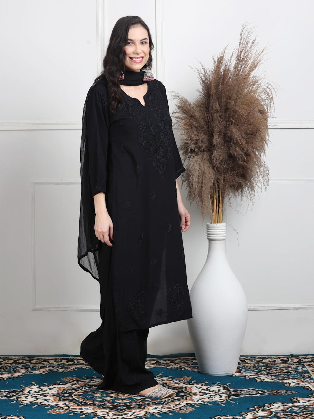 Black Lubna Shaded Rayon Kurti, Palazzo & Dupatta Set