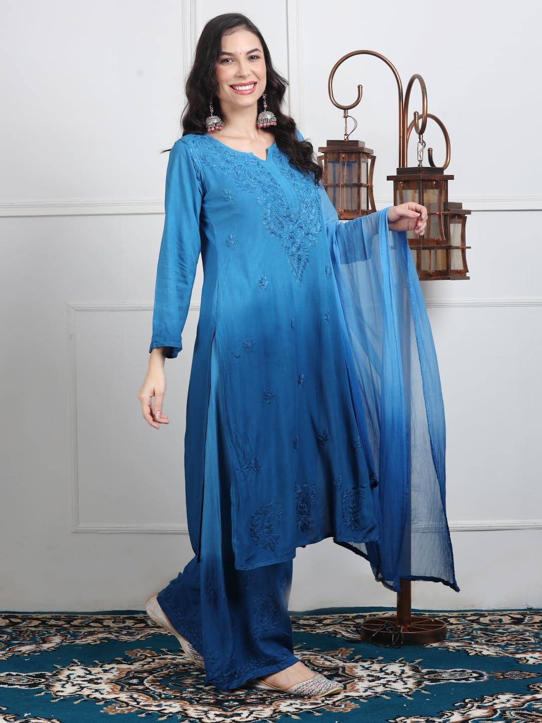 Powder Blue Lubna Shaded Rayon Kurti, Palazzo & Dupatta Set