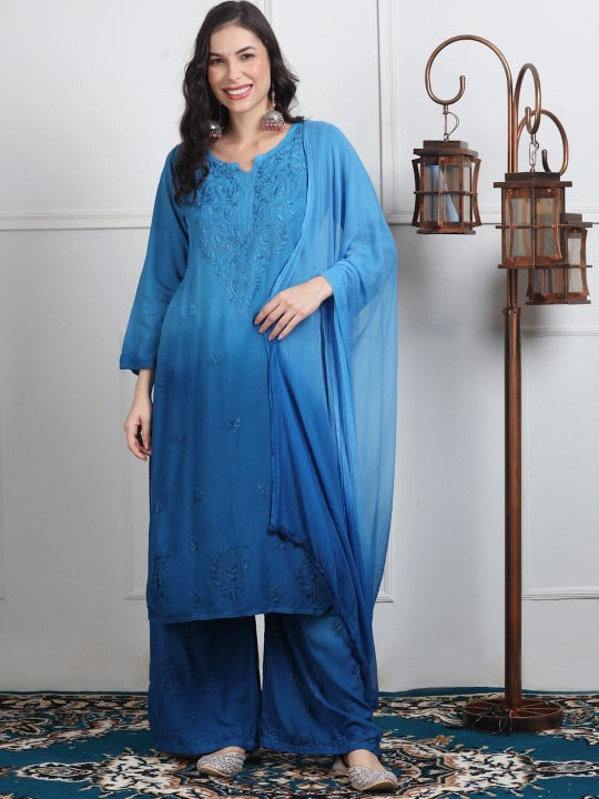 Powder Blue Lubna Shaded Rayon Kurti, Palazzo & Dupatta Set