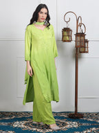 Parrot Green Lubna Shaded Rayon Kurti, Palazzo & Dupatta
