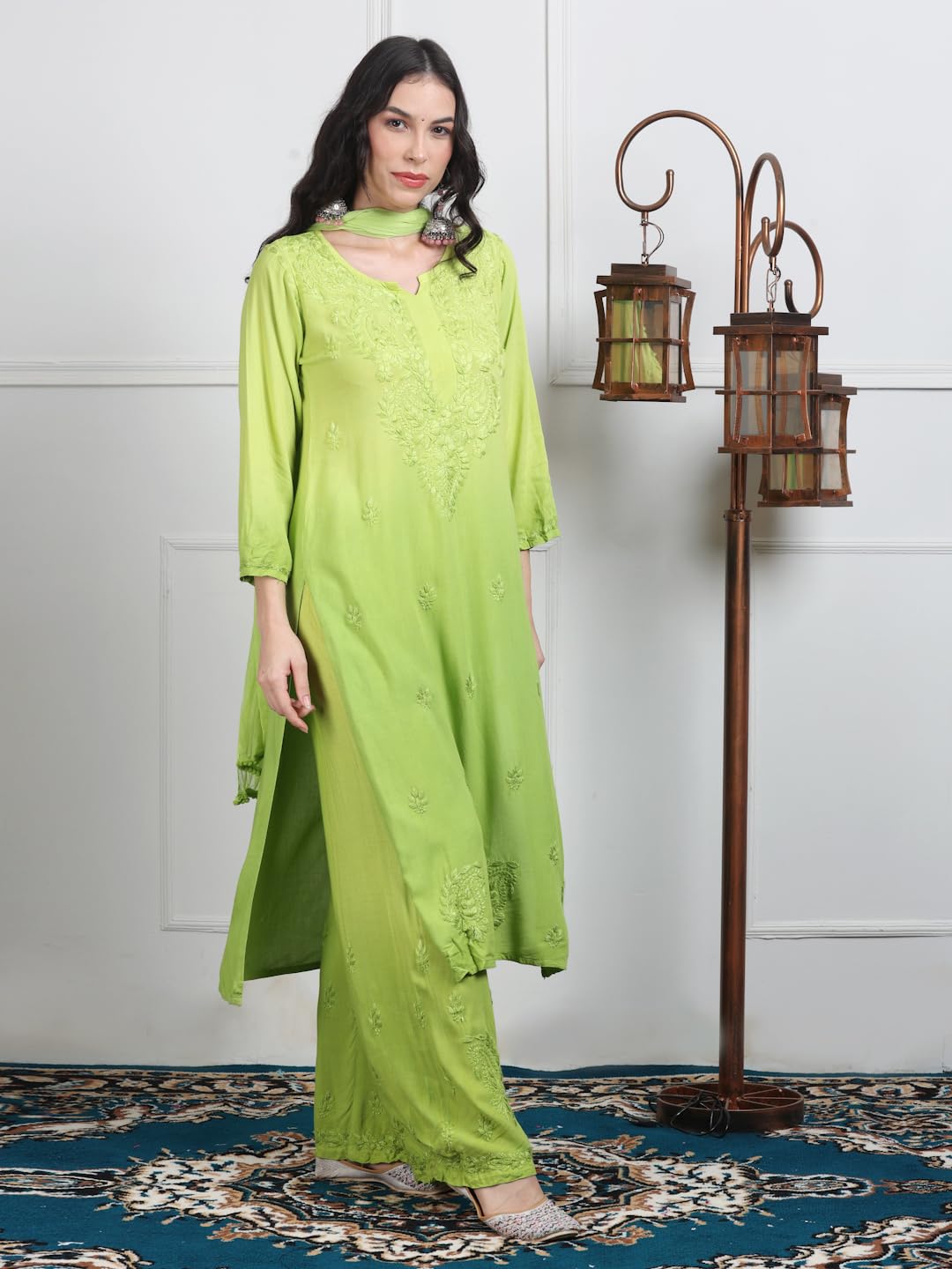 Parrot Green Lubna Shaded Rayon Kurti, Palazzo & Dupatta