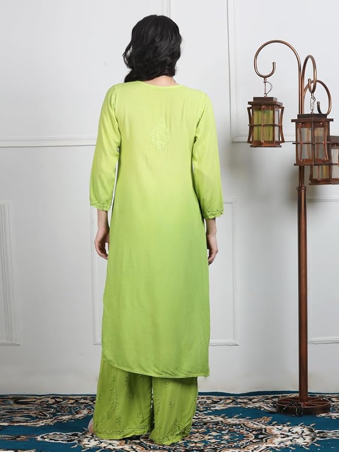 Parrot Green Lubna Shaded Rayon Kurti, Palazzo & Dupatta