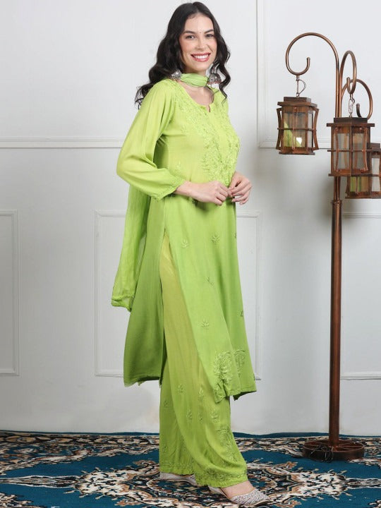 Parrot Green Lubna Shaded Rayon Kurti, Palazzo & Dupatta