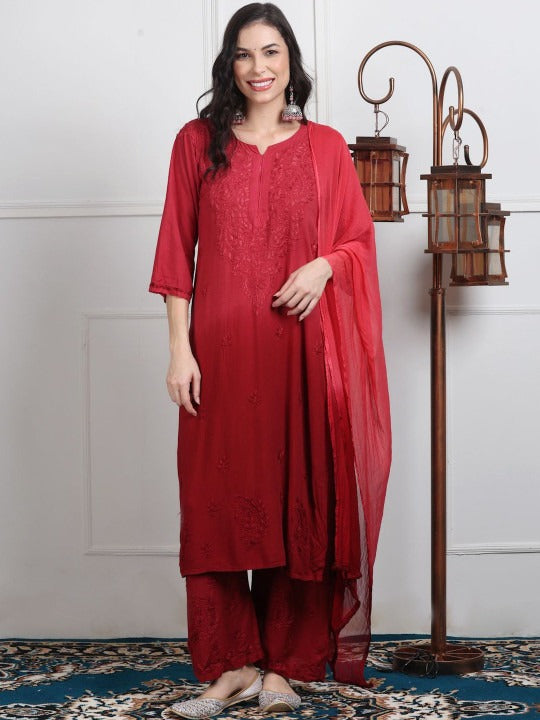 Maroon Lubna Shaded Rayon Kurti, Palazzo & Dupatta Set