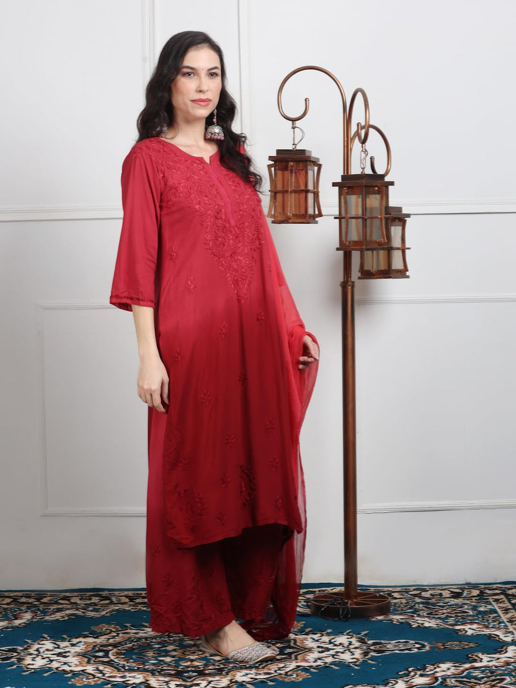 Maroon Lubna Shaded Rayon Kurti, Palazzo & Dupatta Set