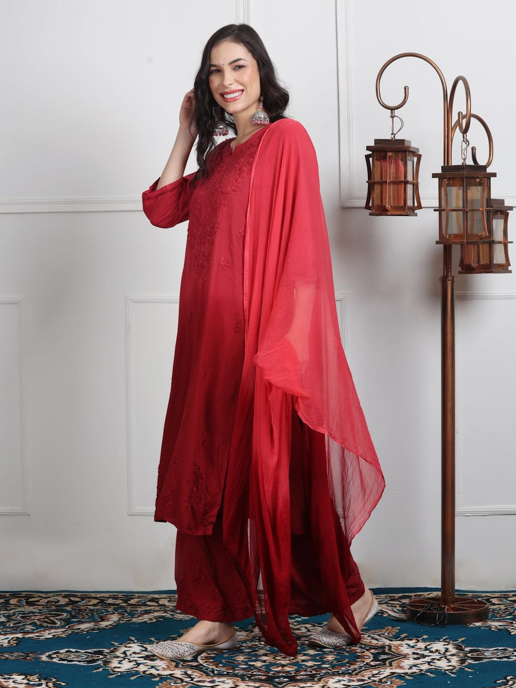 Maroon Lubna Shaded Rayon Kurti, Palazzo & Dupatta Set