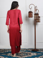 Maroon Lubna Shaded Rayon Kurti, Palazzo & Dupatta Set