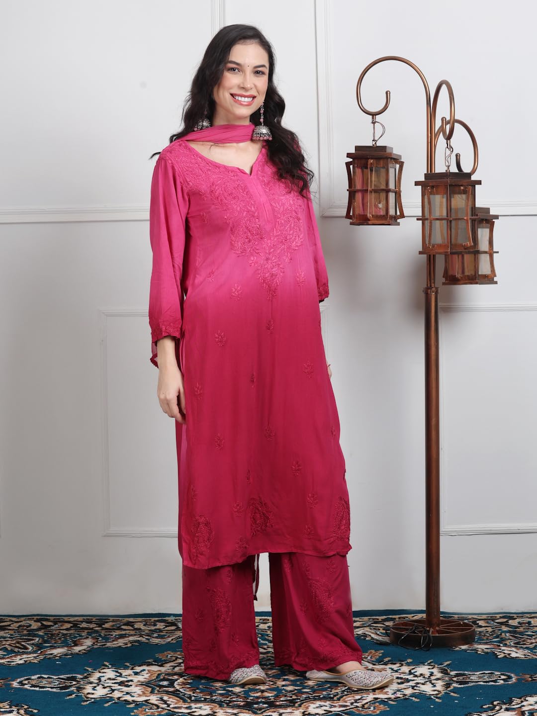 Pink Lubna Shaded Rayon Kurti, Palazzo & Dupatta Set