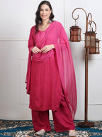 Pink Lubna Shaded Rayon Kurti, Palazzo & Dupatta Set