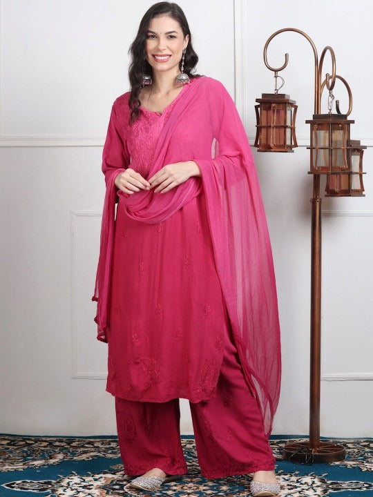 Pink Lubna Shaded Rayon Kurti, Palazzo & Dupatta Set