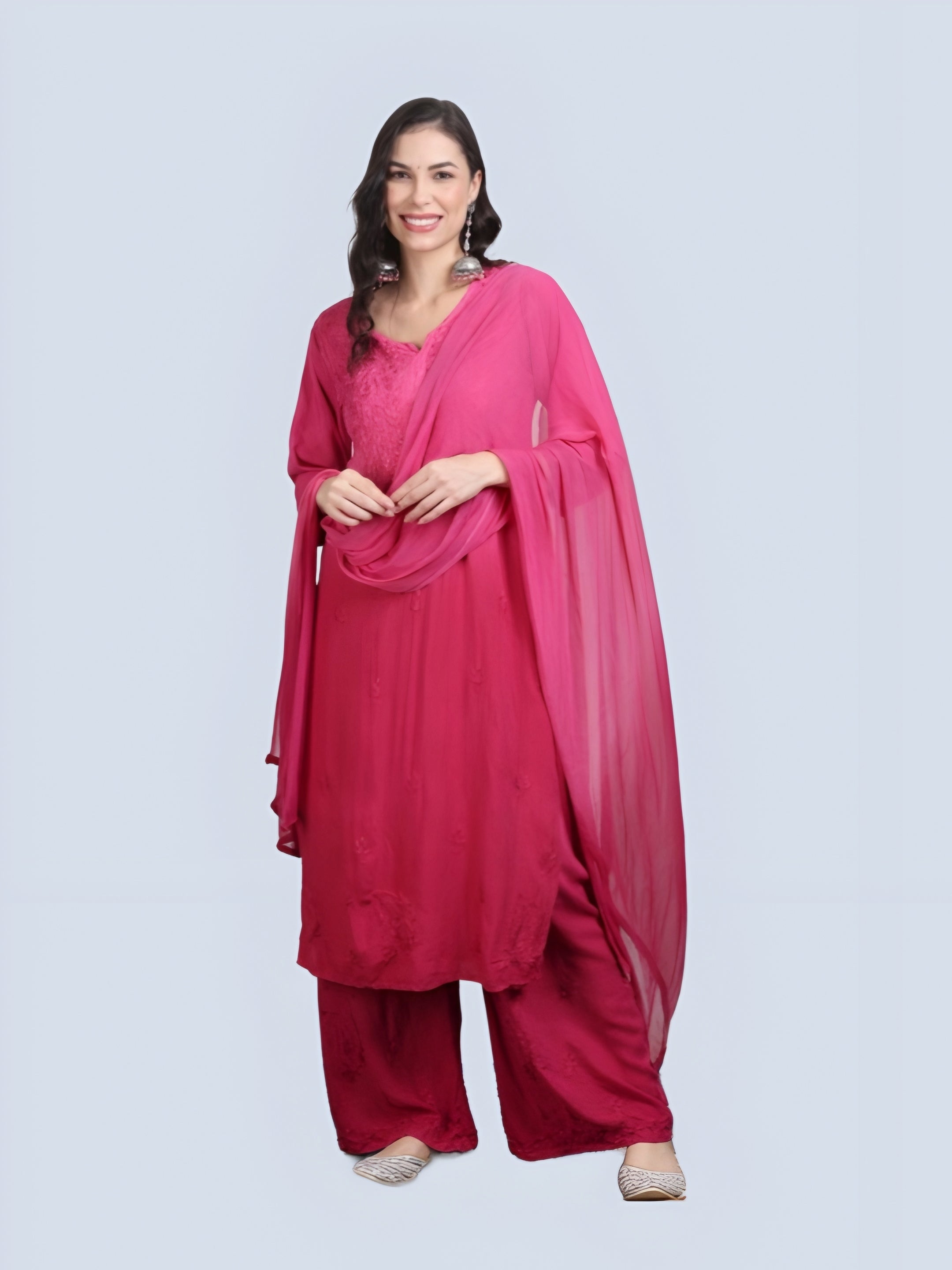 Pink Lubna Shaded Rayon Kurti, Palazzo & Dupatta Set