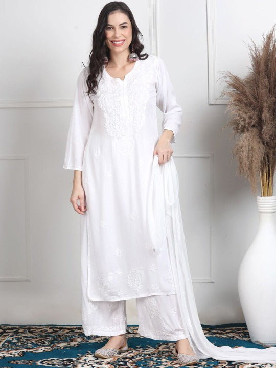 White Lubna Shaded Rayon Kurti, Palazzo & Dupatta Set