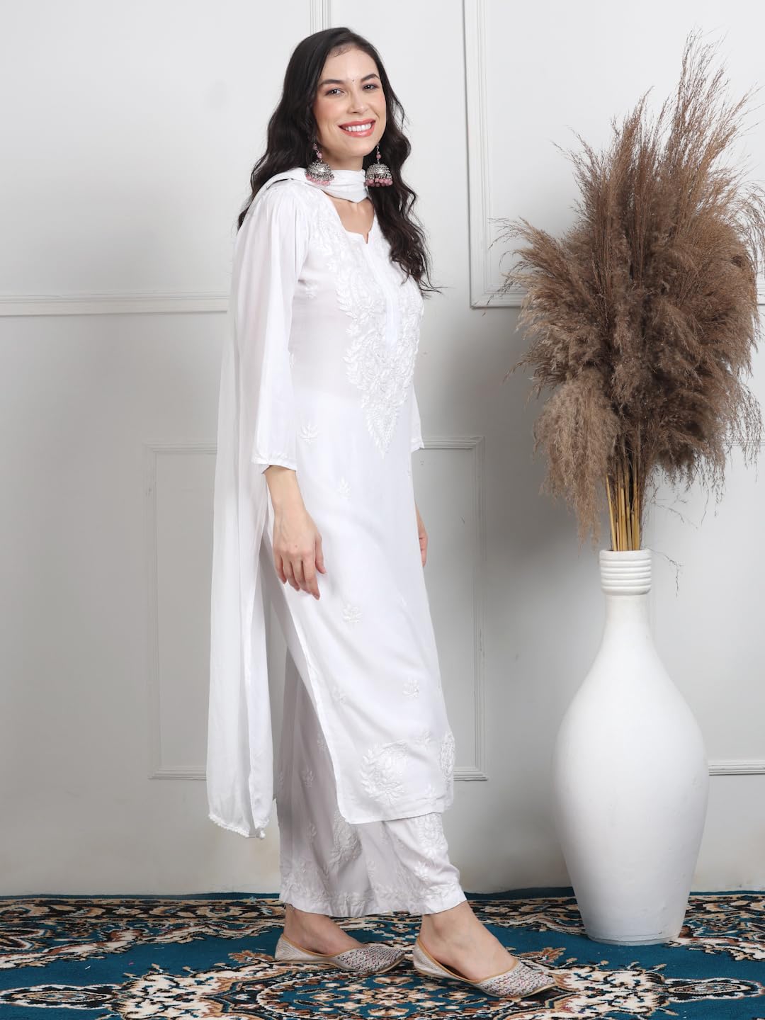 White Lubna Shaded Rayon Kurti, Palazzo & Dupatta Set