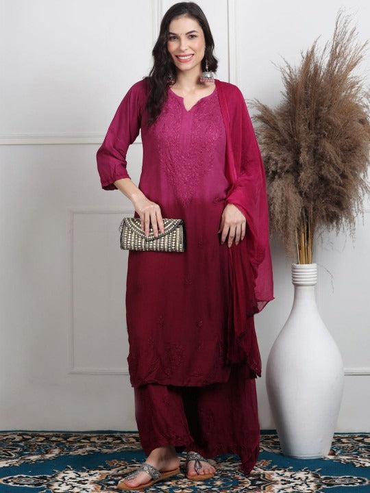 Wine Lubna Shaded Rayon Kurti, Palazzo & Dupatta Set