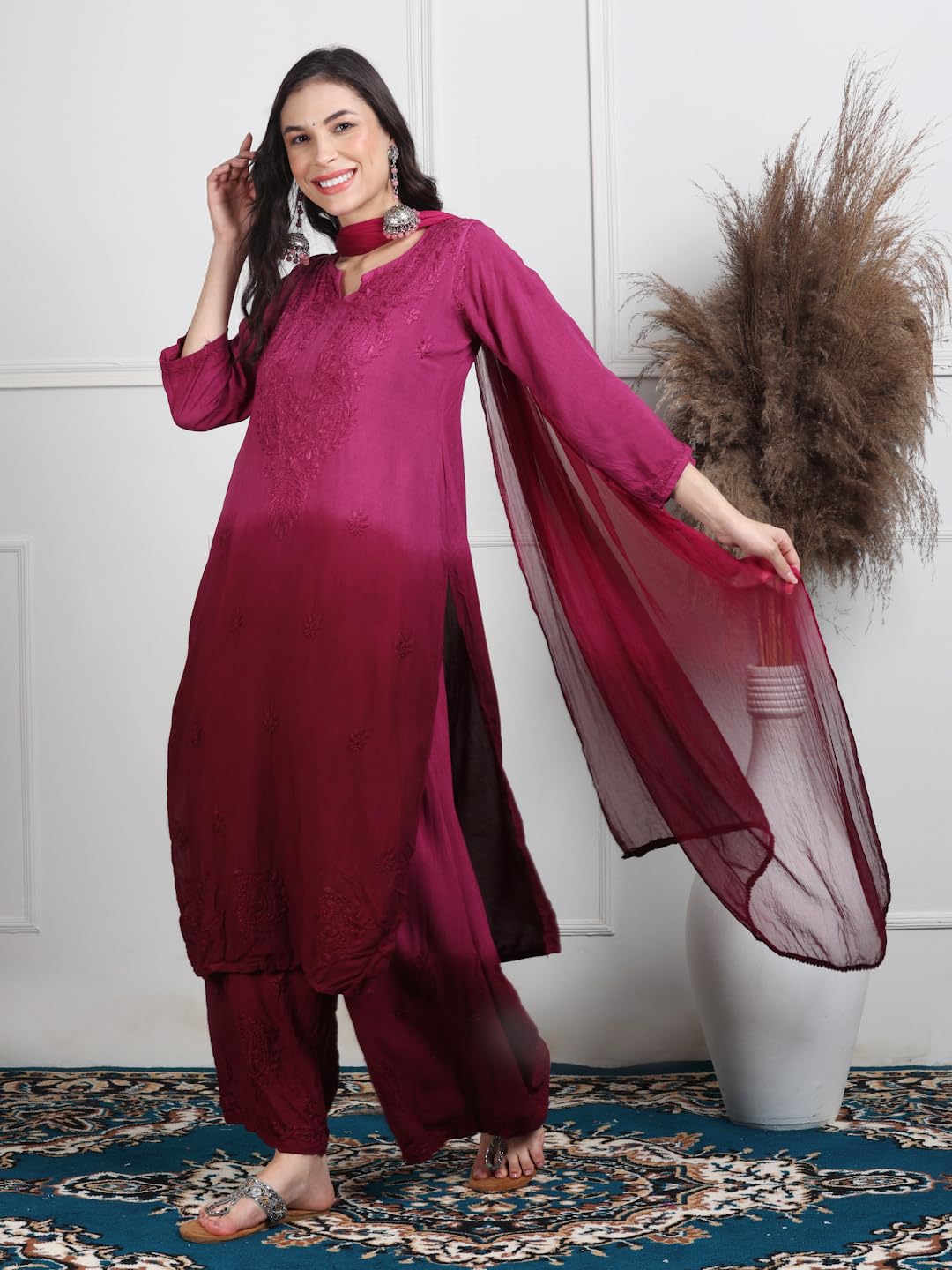 Wine Lubna Shaded Rayon Kurti, Palazzo & Dupatta Set