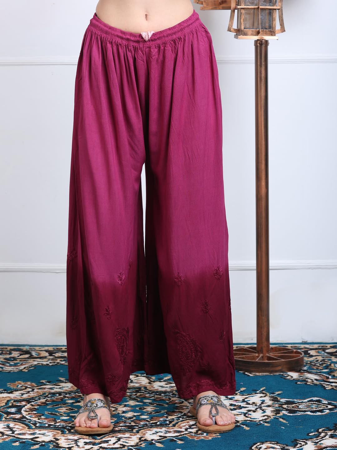 Wine Lubna Shaded Rayon Kurti, Palazzo & Dupatta Set