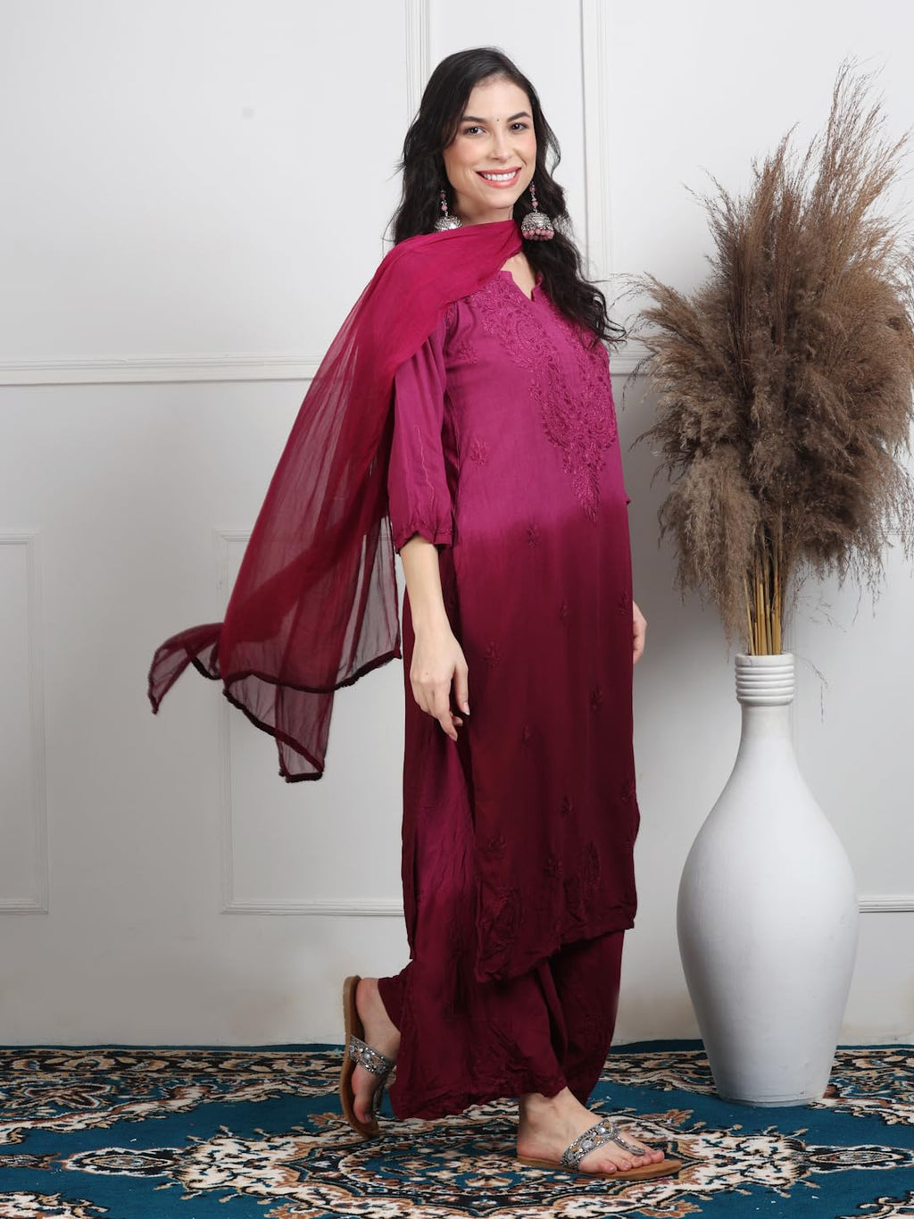 Wine Lubna Shaded Rayon Kurti, Palazzo & Dupatta Set