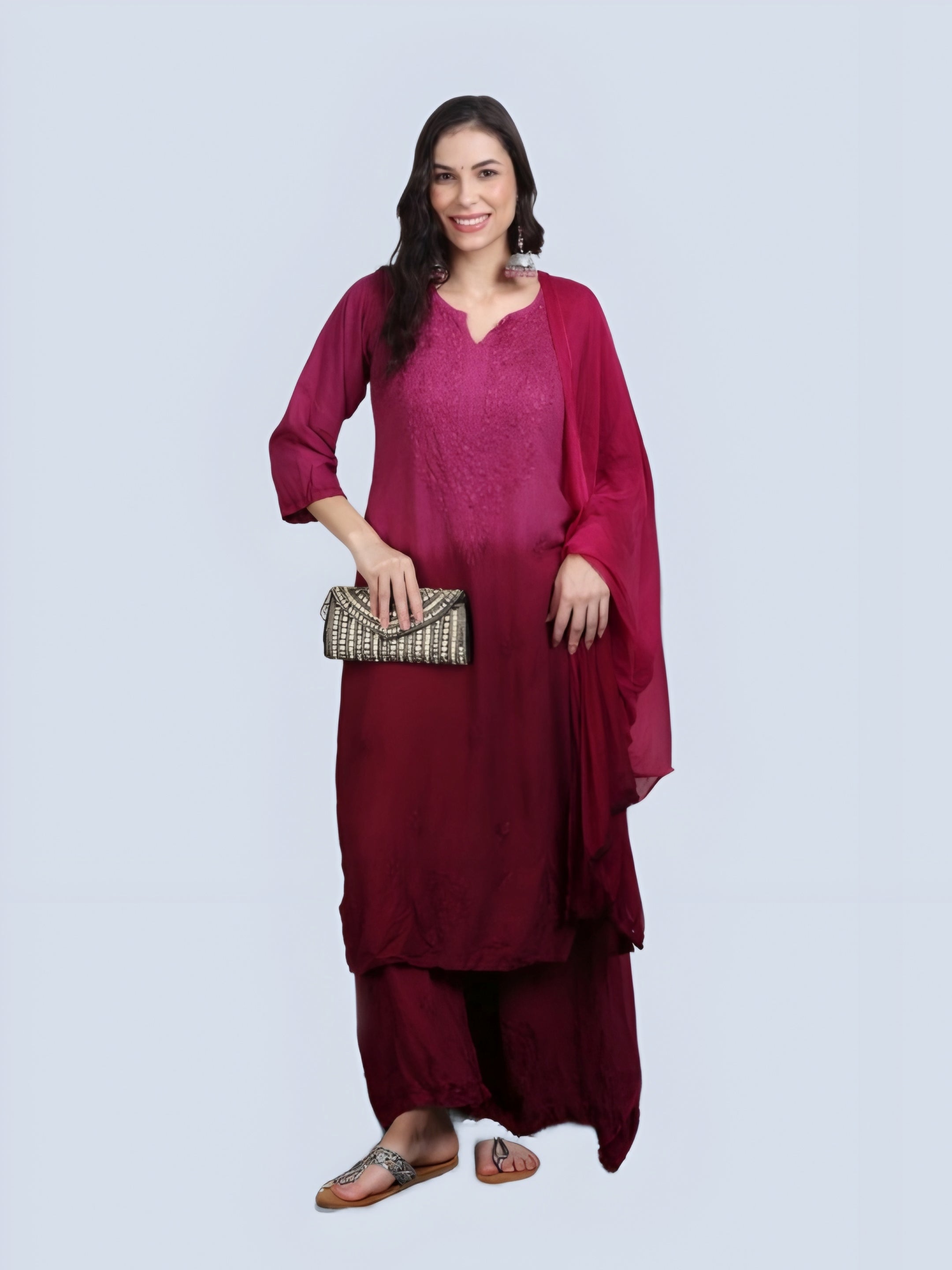 Wine Lubna Shaded Rayon Kurti, Palazzo & Dupatta Set