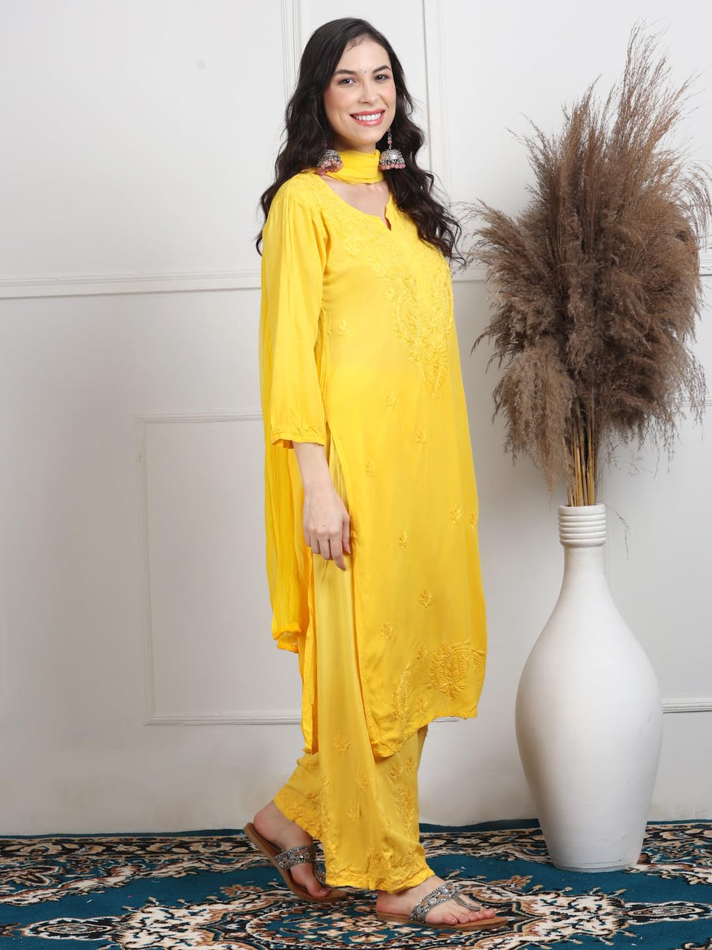 Yellow Lubna Shaded Rayon Kurti, Palazzo & Dupatta Set