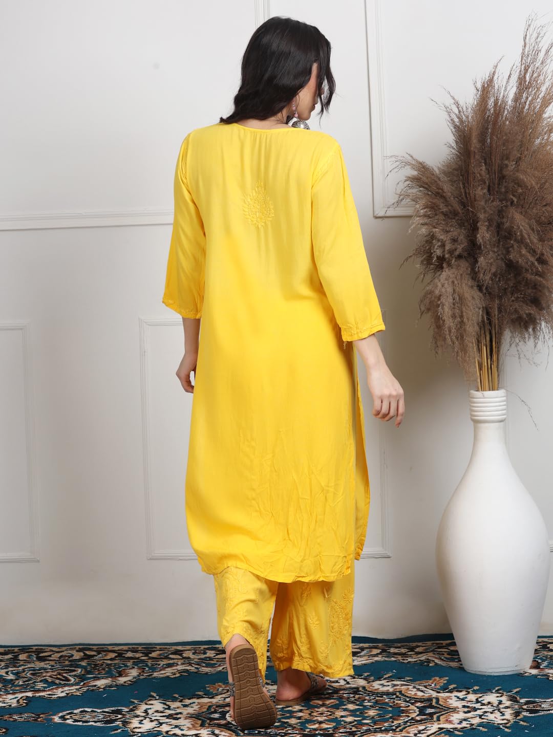 Yellow Lubna Shaded Rayon Kurti, Palazzo & Dupatta Set