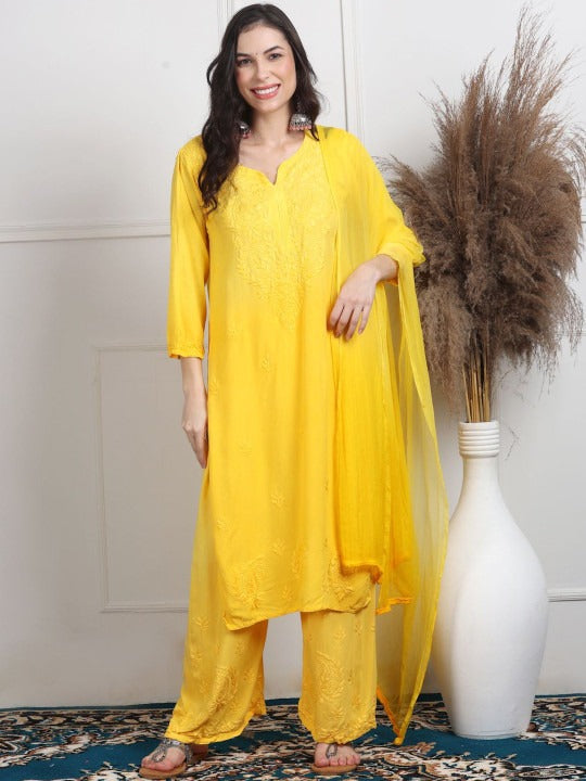 Yellow Lubna Shaded Rayon Kurti, Palazzo & Dupatta Set