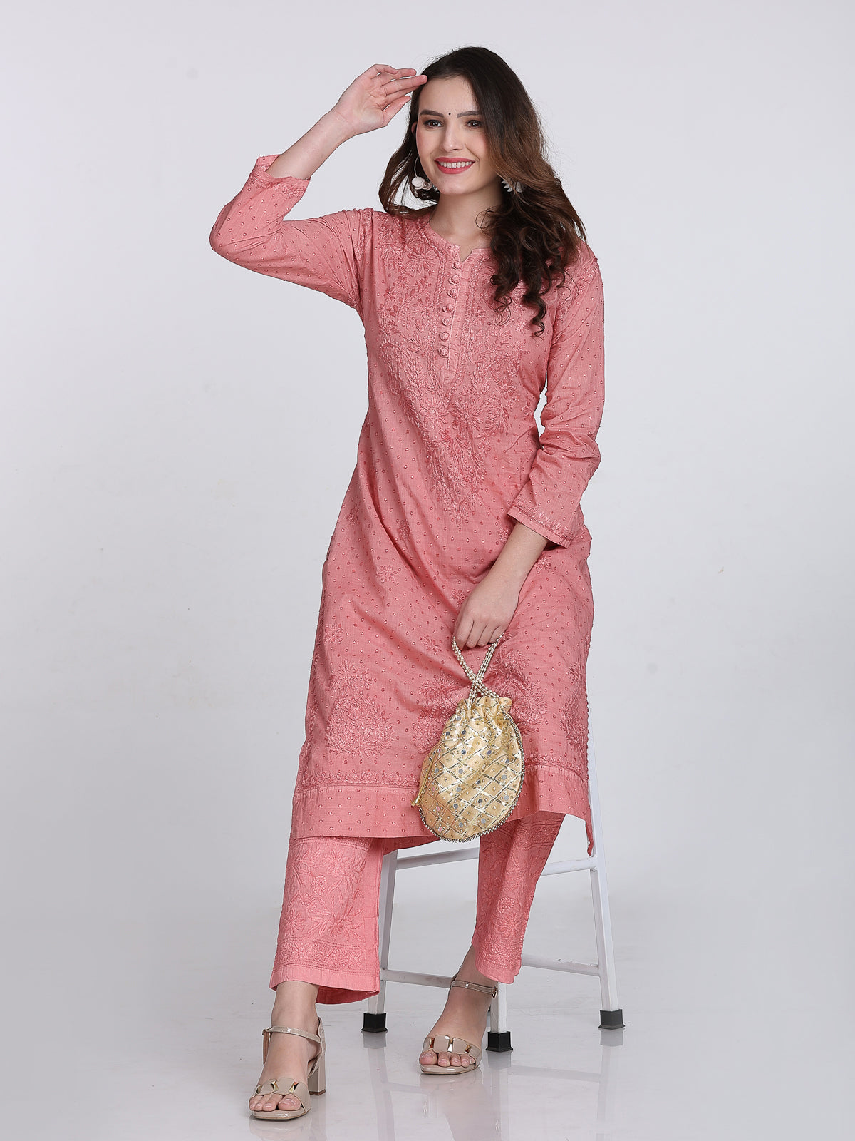 Nude Coral Kubra Dyed Cotton Kurti & Pant Set