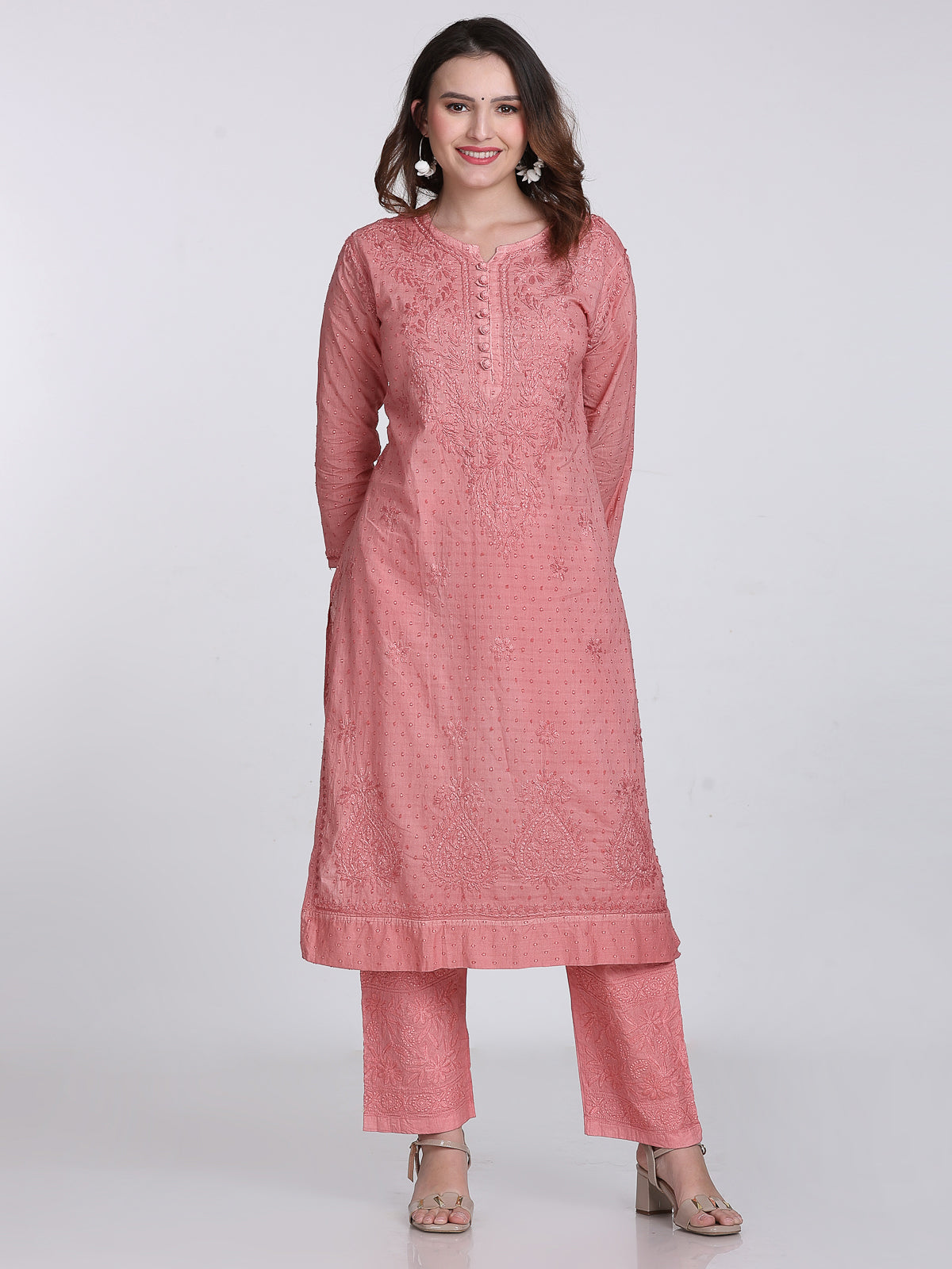 Nude Coral Kubra Dyed Cotton Kurti & Pant Set