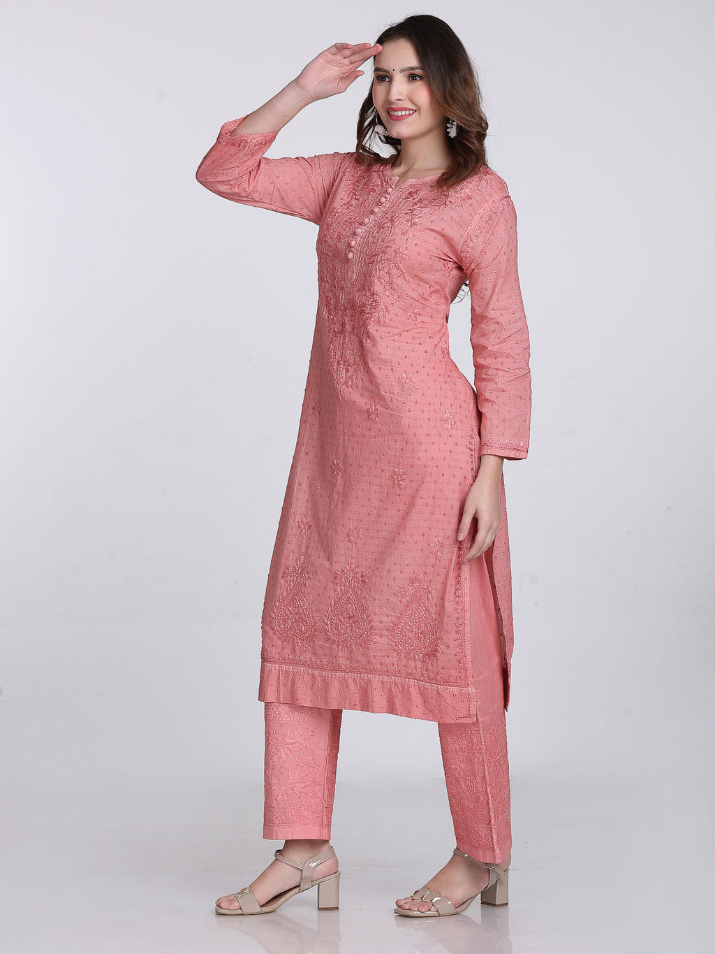 Nude Coral Kubra Dyed Cotton Kurti & Pant Set