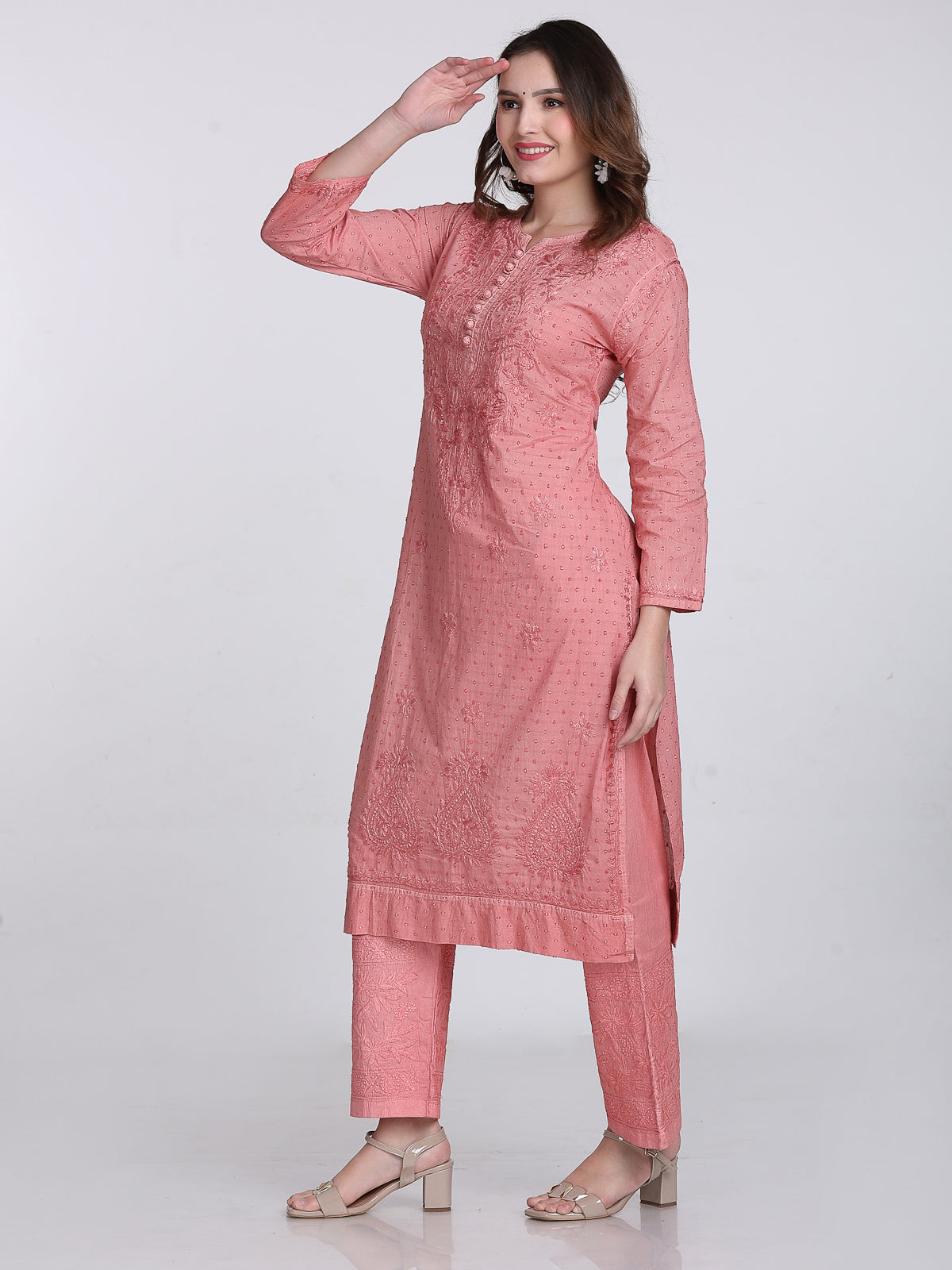 Nude Coral Kubra Dyed Cotton Kurti & Pant Set
