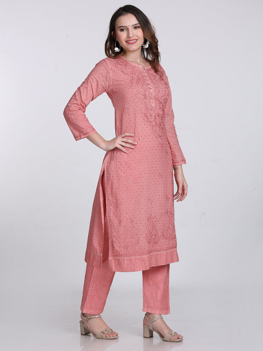 Nude Coral Kubra Dyed Cotton Kurti & Pant Set