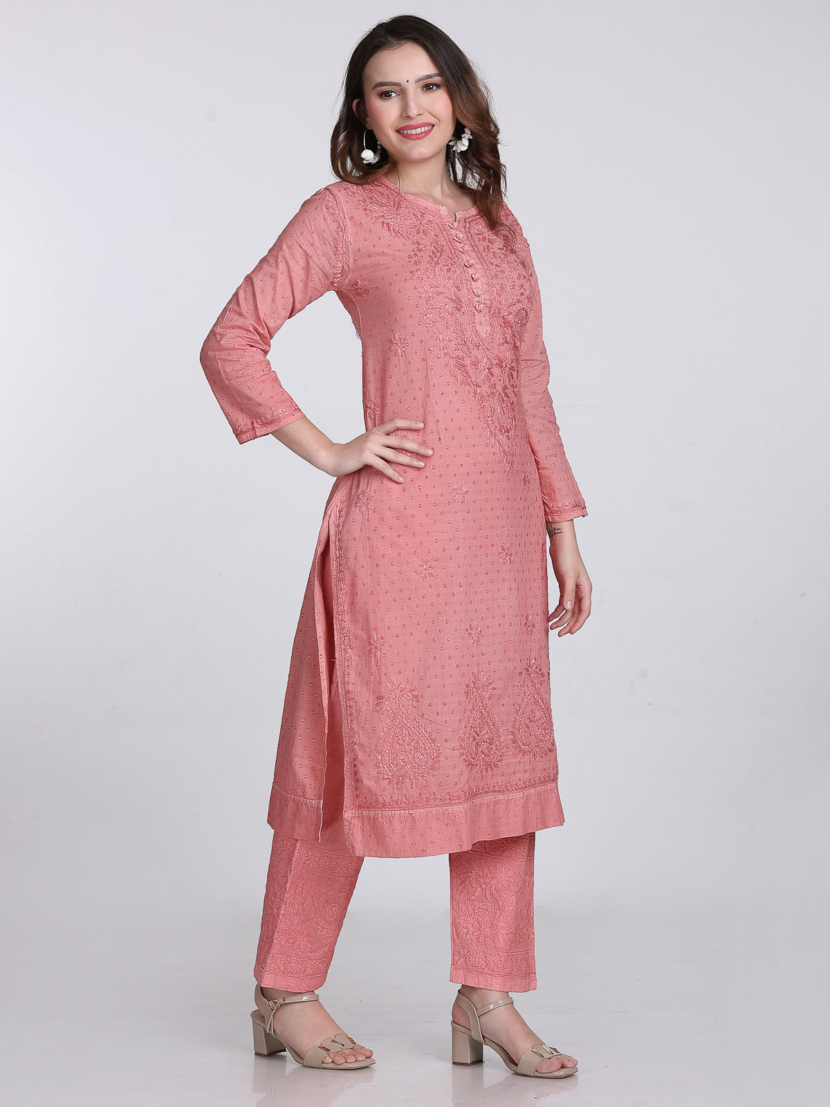Nude Coral Kubra Dyed Cotton Kurti & Pant Set