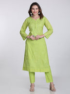 Green Kubra Dyed Cotton Kurti & Pant Set