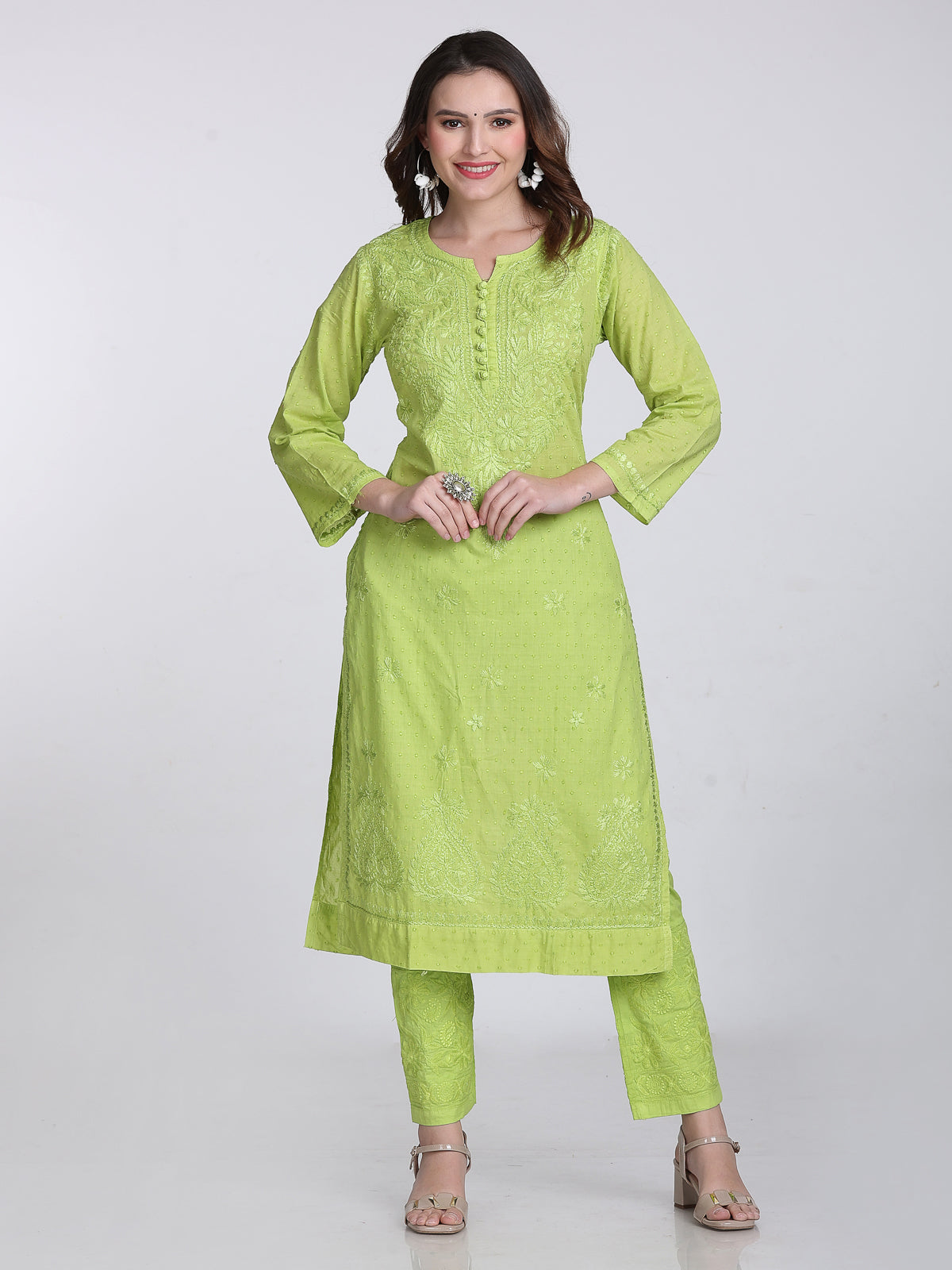 Green Kubra Dyed Cotton Kurti & Pant Set