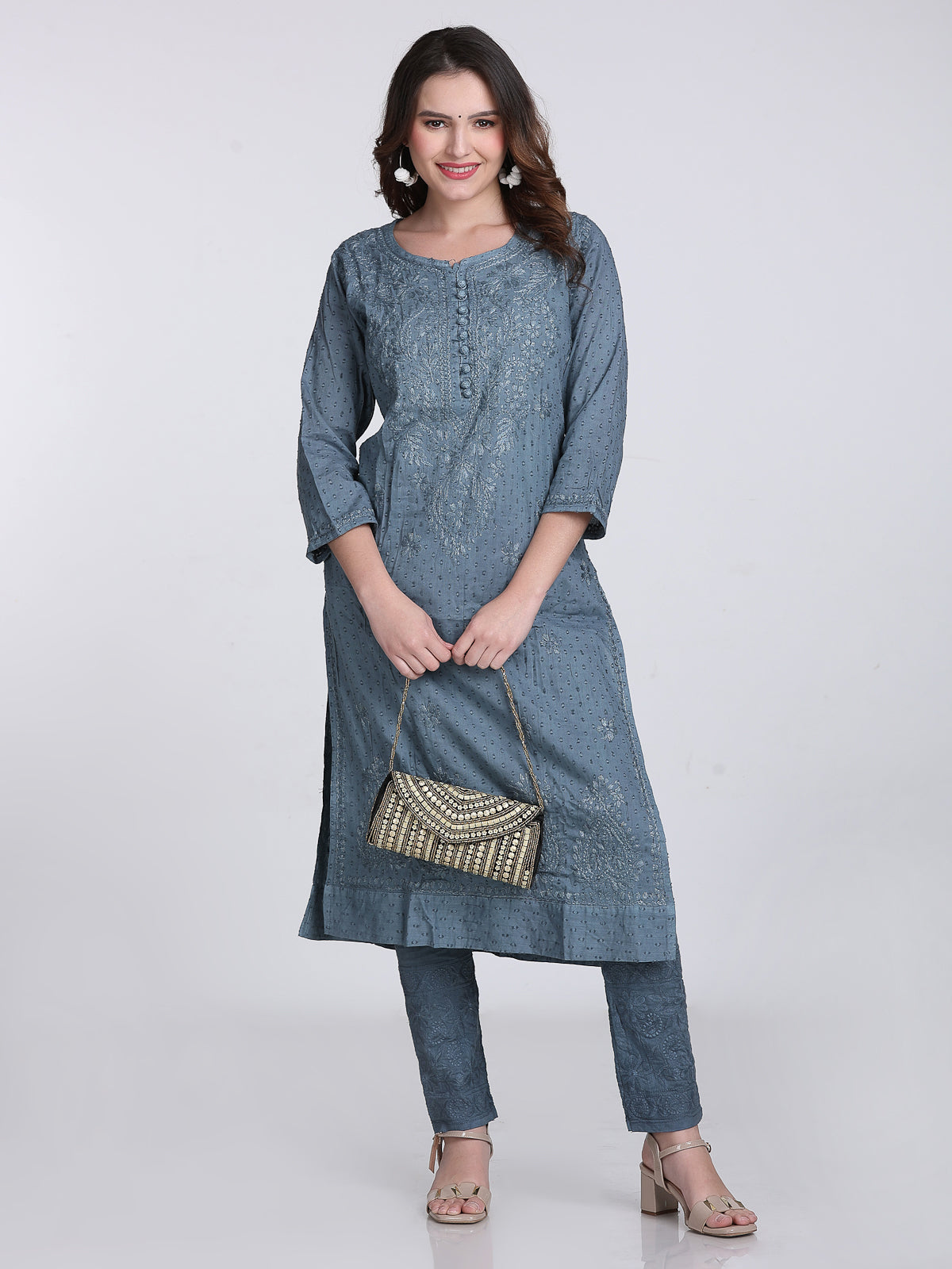 Gray Kubra Dyed Cotton Kurti & Pant Set