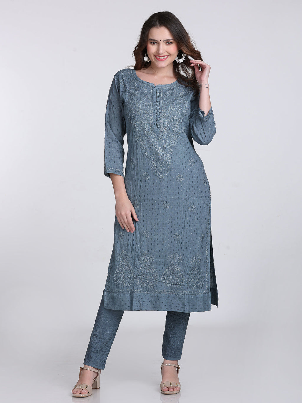 Gray Kubra Dyed Cotton Kurti & Pant Set