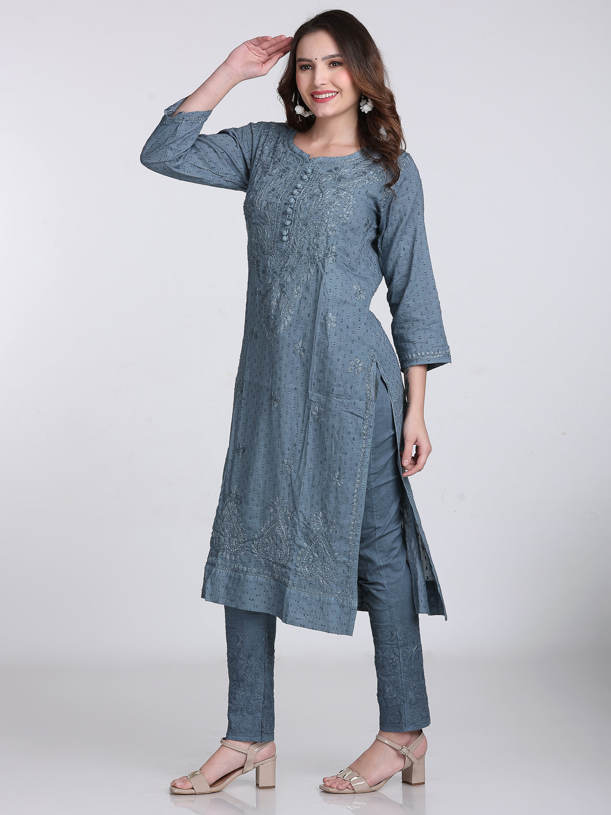 Gray Kubra Dyed Cotton Kurti & Pant Set
