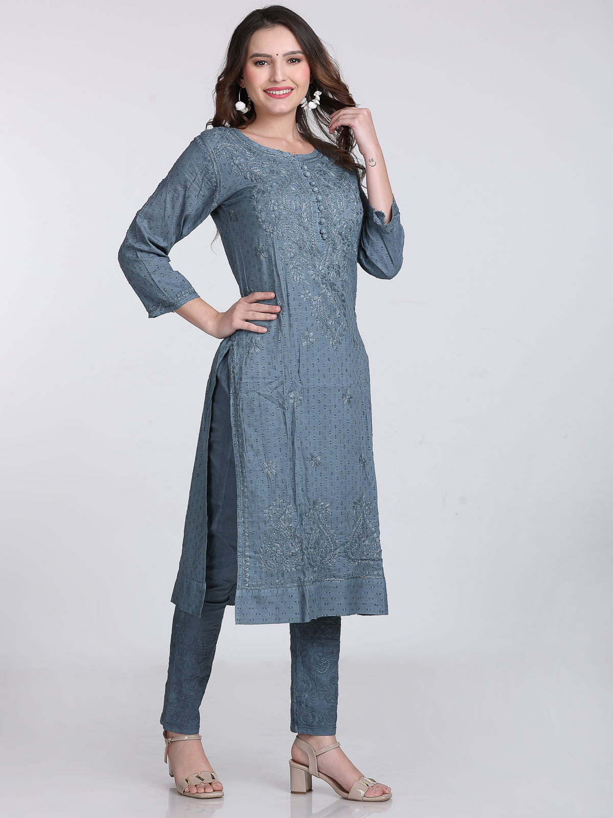 Gray Kubra Dyed Cotton Kurti & Pant Set