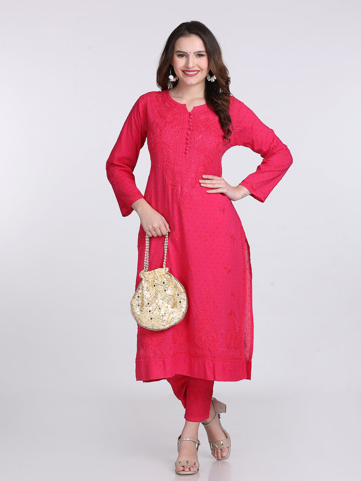 Magenta Kubra Dyed Cotton Kurti & Pant Set
