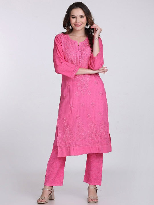Pink Kubra Dyed Cotton Kurti & Pant Set