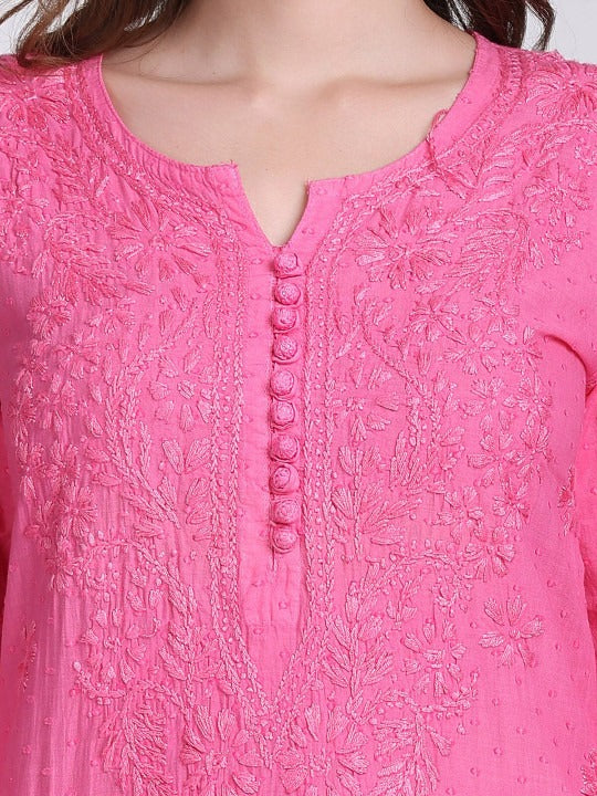 Pink Kubra Dyed Cotton Kurti & Pant Set