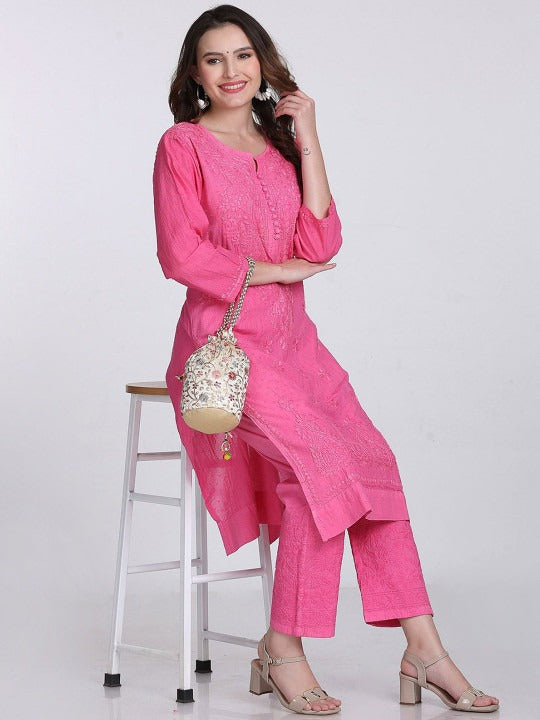 Pink Kubra Dyed Cotton Kurti & Pant Set