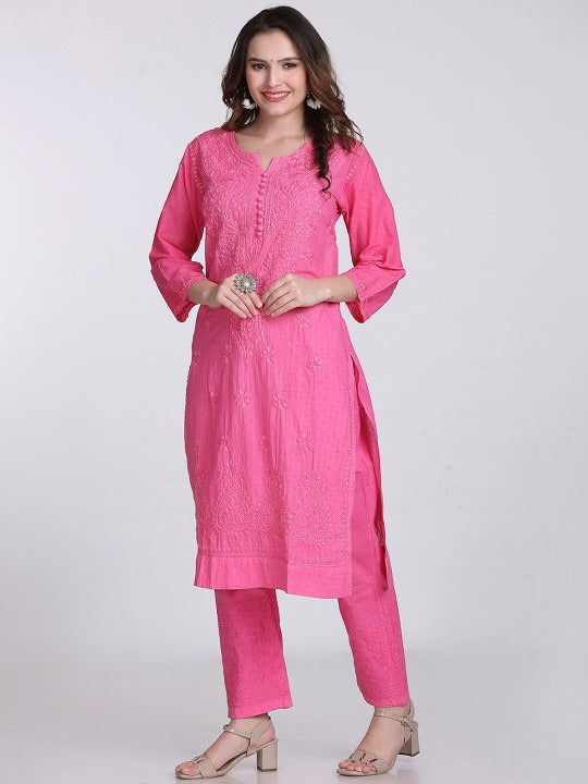 Pink Kubra Dyed Cotton Kurti & Pant Set