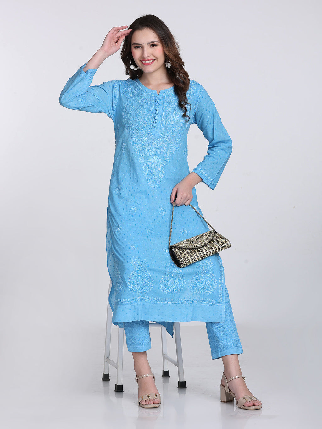 Powder Blue Kubra Dyed Cotton Kurti & Pant Set