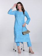 Powder Blue Kubra Dyed Cotton Kurti & Pant Set
