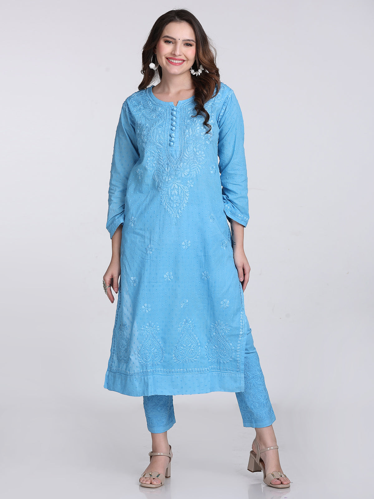 Powder Blue Kubra Dyed Cotton Kurti & Pant Set